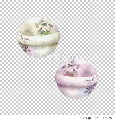 Lavender lavandula heather bath bombs with infused dried flower petals, hand drawn in watercolor. Herbal natural cosmetics, spa remedy treatment, aromatherapy. Single object isolated illustration. Lavender lavandula heather bath bombs with infused dried flower petals, hand drawn in watercolor. Herbal natural cosmetics, spa remedy treatment, aromatherapy. Single object isolated illustration. 130957070