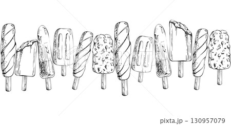 Ice cream sticks seamless banner. Ice lolly popsicle, assorted mix flavors shapes. Vector graphic illustration hand drawn in pen and ink, detailed line sketch. Recipe card, dessert menu, print design Ice cream sticks seamless banner. Ice lolly popsicle, assorted mix flavors shapes. Vector graphic illustration hand drawn in pen and ink, detailed line sketch. Recipe card, dessert menu, print design 130957079