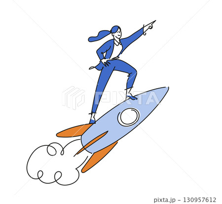 A businesswoman stands on a rocket, pointing forward. Hand-drawn vector illustration. Concept of startup, leadership, and business growth for design or banner. Isolated clip art on a white background. 130957612