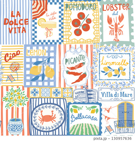 Italian summer posters collage seamless pattern. Vector Mediterranean dolce vita mosaic print, background Italian summer posters collage seamless pattern. Vector Mediterranean dolce vita mosaic print, background 130957636