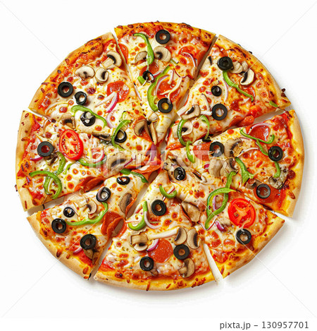Vibrant supreme pizza with pepperoni, mushrooms, olives, onions, and bell peppers on a white background. AI generated 130957701