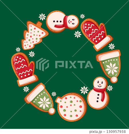 Christmas gingerbread cookie in circular wreath arrangement with snowman, mitten, hat, tree, ball shapes and snowflake on green background in cartoon style. Christmas gingerbread cookie in circular wreath arrangement with snowman, mitten, hat, tree, ball shapes and snowflake on green background in cartoon style. 130957938