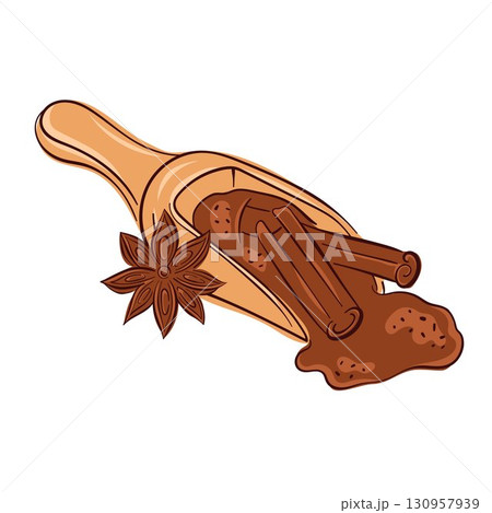 Illustration of cinnamon stick, star anise and ground spice in a wooden scoop on a white background in flat style. 130957939