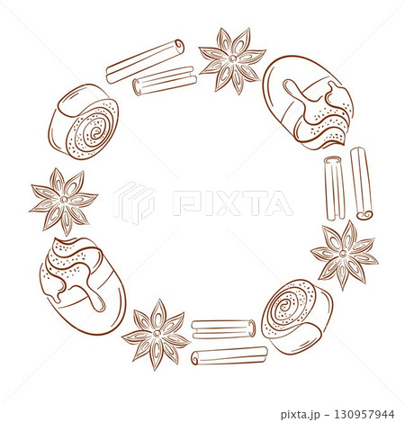 Circular wreath frame with hand drawn cinnamon roll, stick, coffee and star anise spices in line art style on white background with empty center. 130957944