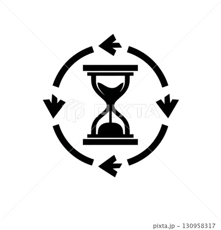 Silhouette icon of hourglass with arrows symbolizing time flow and cycles in a minimalist design for visual storytelling. Isolated on transparent background. PNG, cutout Silhouette icon of hourglass with arrows symbolizing time flow and cycles in a minimalist design for visual storytelling. Isolated on transparent background. PNG, cutout 130958317