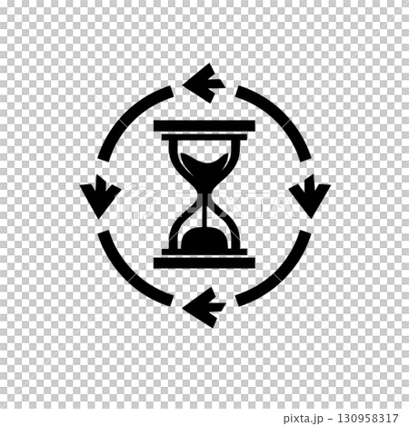 Silhouette icon of hourglass with arrows symbolizing time flow and cycles in a minimalist design for visual storytelling. Isolated on transparent background. PNG, cutout Silhouette icon of hourglass with arrows symbolizing time flow and cycles in a minimalist design for visual storytelling. Isolated on transparent background. PNG, cutout 130958317