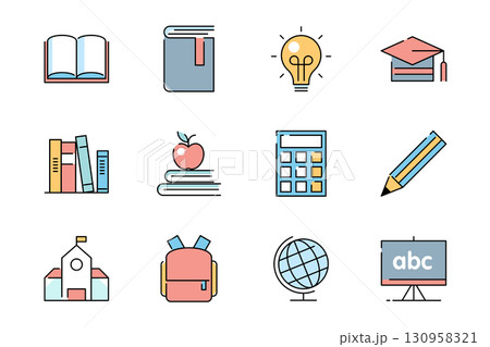 Flat Style Pastel Education and School Icon Set Flat Style Pastel Education and School Icon Set 130958321