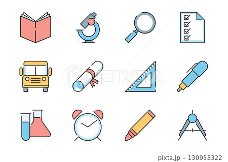 Flat Style Pastel Education and School Icon Set 130958322