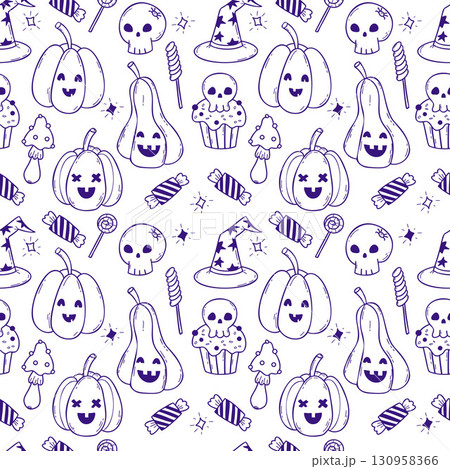 Outline Halloween Seamless pattern. Mystic Cute Pumpkin jack o lantern, Spooky Cupcake with Skull, Witch Hat, Candy treat, Magic Mushroom on white background. Line drawing. Vector illustration. Not AI Outline Halloween Seamless pattern. Mystic Cute Pumpkin jack o lantern, Spooky Cupcake with Skull, Witch Hat, Candy treat, Magic Mushroom on white background. Line drawing. Vector illustration. Not AI 130958366