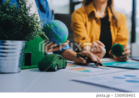 Businessman talks ESG environmental social governance policy for modish business. 130958401