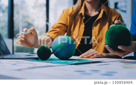 Businessman talks ESG environmental social governance policy for modish business. Businessman talks ESG environmental social governance policy for modish business. 130958404
