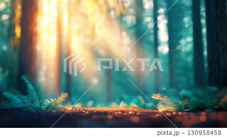 Landscape background serene forest scene with soft light filtering through towering trees, creating tranquil atmosphere. lush greenery and gentle rays evoke sense of peace and connection to nature 130958458