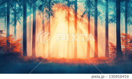 Landscape background Ancient forest with towering redwoods, soft light filtering through trees, creating serene atmosphere. warm glow enhances beauty of nature 130958459