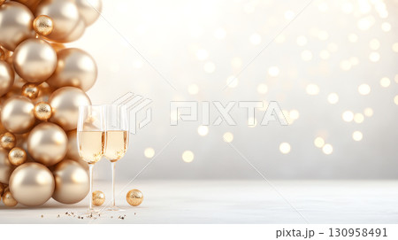 Elegant New Year Eve party scene with champagne glasses and gold decorations 130958491