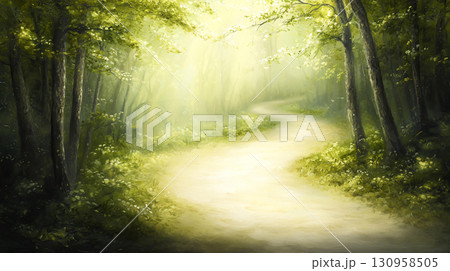 Landscape background serene forest trail winding through tall trees with dappled sunlight 130958505