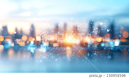 Cityscape background Futuristic city skyline with glowing lights and reflections at sunset 130958506