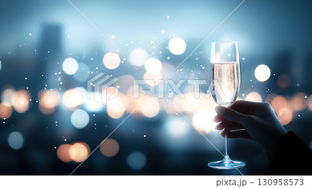 hand holding glass of champagne against blurred city background, celebrating hand holding glass of champagne against blurred city background, celebrating 130958573