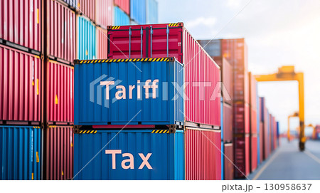 Shipping containers stacked at port, labeled with Tariff and Tax, symbolize international trade and customs regulations. vibrant colors and industrial setting evoke sense of commerce and logistics Shipping containers stacked at port, labeled with Tariff and Tax, symbolize international trade and customs regulations. vibrant colors and industrial setting evoke sense of commerce and logistics 130958637