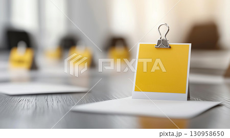 yellow stamped document marked ON HOLD is arranged on table, surrounded by other papers and clips, creating professional atmosphere 130958650
