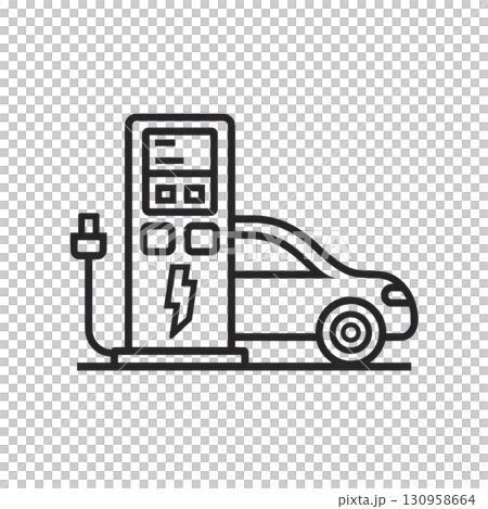 Minimal line icon of electric car charging station with vehicle, showcasing eco-friendly transportation concept. Isolated on transparent background. PNG, cutout 130958664