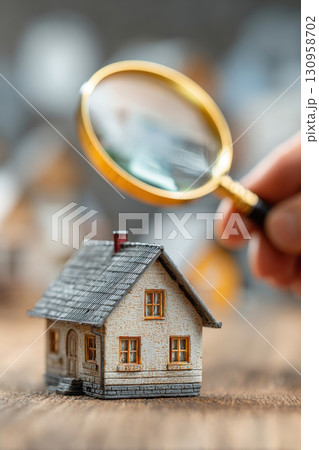 Magnifying glass focusing on small house model 130958702