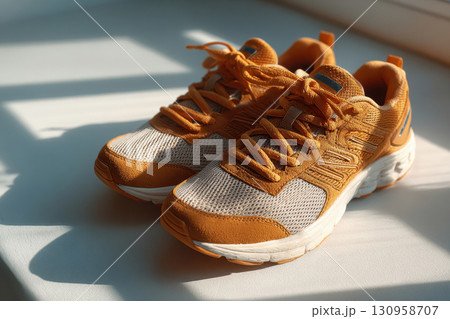 Pair of sport sneakers in sunlight with shadows 130958707