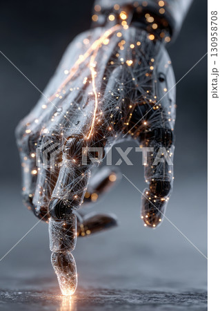 Robotic hand touching surface with glowing network 130958708
