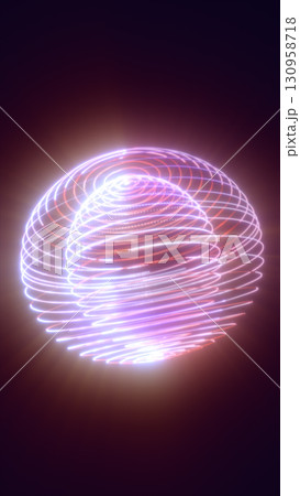 Futuristic glowing pink and purple neon sphere with spiral light trails 130958718