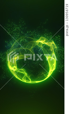 Glowing green energy sphere formed by dynamic mesh particles and radiant digital strands in a dark space 130958719