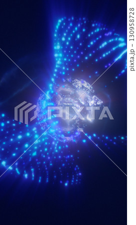 Futuristic burst of glowing blue light with sparkling particles in motion against dark background Futuristic burst of glowing blue light with sparkling particles in motion against dark background 130958728