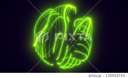 Abstract glowing green energy sphere with flowing neon light trails on a dark background 130958734