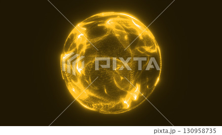 Futuristic glowing yellow sphere with particle energy waves, abstract radiant orb on dark backdrop Futuristic glowing yellow sphere with particle energy waves, abstract radiant orb on dark backdrop 130958735