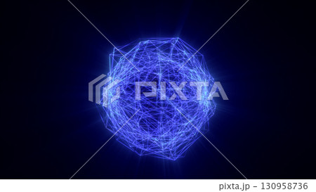 Glowing abstract geometric sphere with blue neon lines and bright interconnected network on dark background 130958736