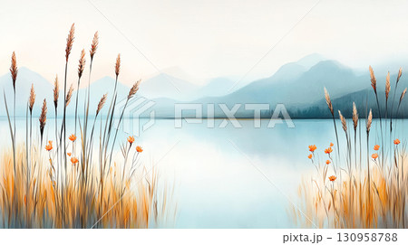serene lake framed by tall grasses and wildflowers, reflecting mountains 130958788
