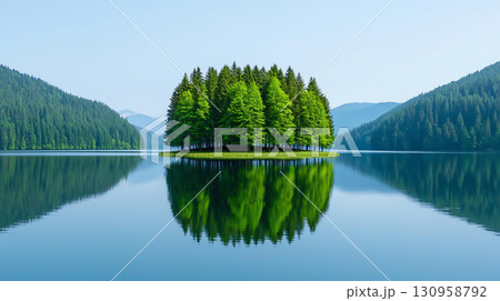 Landscape background Lush green island surrounded by calm lake and mountains in background 130958792