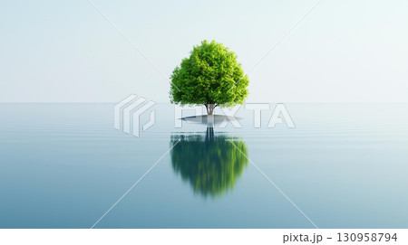 Landscape background serene lake with small island featuring lush green tree reflecting in water 130958794