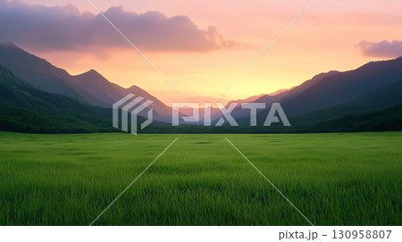 Landscape background Lush green valley at sunrise with mist over mountains and fields Landscape background Lush green valley at sunrise with mist over mountains and fields 130958807