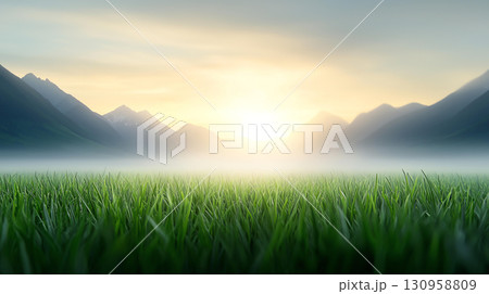 Landscape background Lush green valley at sunrise with mist hovering over mountains 130958809