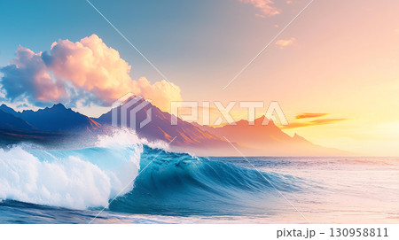 Landscape background Majestic mountain range meets ocean with vibrant sunset colors 130958811