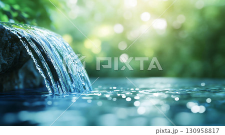 Landscape background serene waterfall cascading into tranquil pool, surrounded by lush greenery 130958817