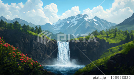 Landscape background powerful waterfall tumbles down rugged mountains, surrounded by lush greenery Landscape background powerful waterfall tumbles down rugged mountains, surrounded by lush greenery 130958826