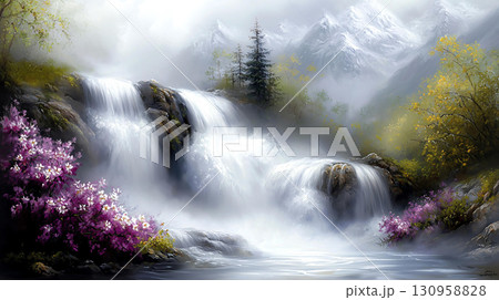 Landscape background serene waterfall cascading over rocks, surrounded by vibrant flowers and misty mountains Landscape background serene waterfall cascading over rocks, surrounded by vibrant flowers and misty mountains 130958828