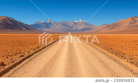 Vast desert road stretching through sandy landscape under blue sky Vast desert road stretching through sandy landscape under blue sky 130958831