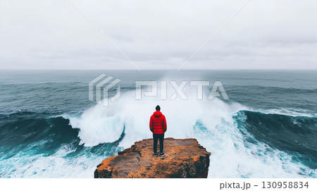 person in red jacket stands on rocky cliff, gazing at crashing waves 130958834