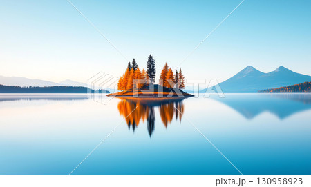 Landscape background serene lake with small island surrounded by autumn trees and mountains 130958923