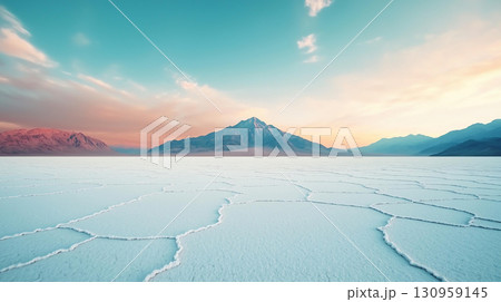 Landscape background Endless salt flats in desert with solitary mountain under colorful sky. serene landscape evokes sense of tranquility and vastness 130959145