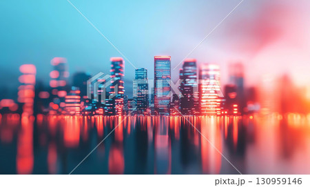 Cityscape background Futuristic city skyline with glowing lights reflecting on water 130959146