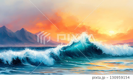 vibrant sunset over crashing ocean waves and distant mountains 130959154