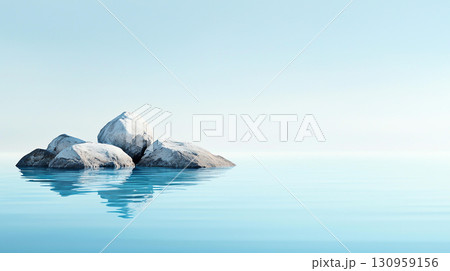 Serene rocky islands in calm blue ocean reflecting sky 130959156