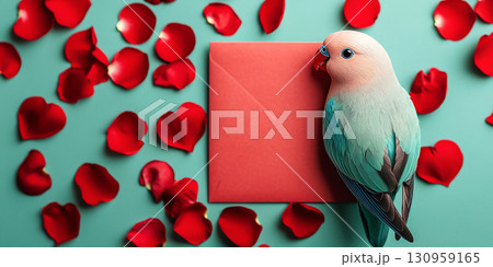 colorful lovebird figurine rests on red envelope surrounded by scattered red rose petals on teal background, evoking romantic and artistic atmosphere colorful lovebird figurine rests on red envelope surrounded by scattered red rose petals on teal background, evoking romantic and artistic atmosphere 130959165